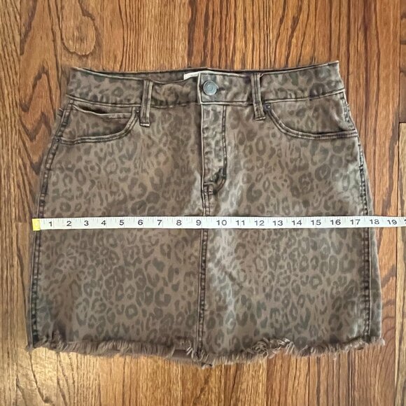Mudd Bottom Denim Mini Skirt~Brown/Black Leopard Print Pocket Raw Hem Size 9 - Picture 4 of 5